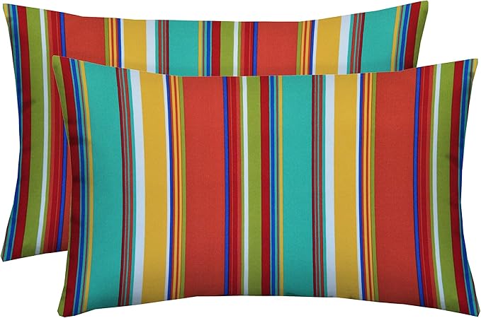 RSH DECOR: Lumbar Throw Pillows Set of 2 | 20” x 12" | All-Weather Spun Fabric | Water and Fade-Resistant | Outdoor Support Pillows for Patio Furniture | Bright Colorful Stripe | Made in USA