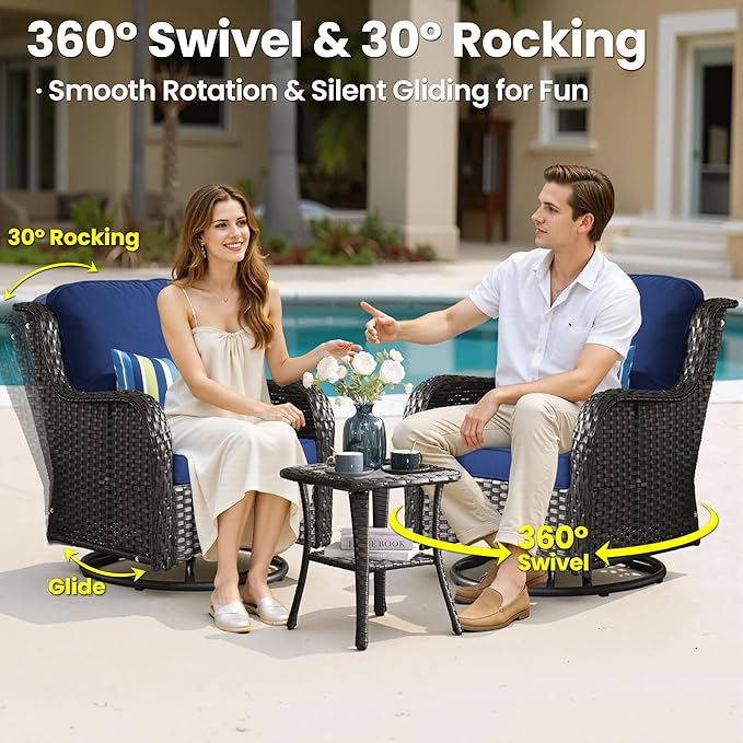 ovios 9 Pieces Patio Furniture Set, Outdoor Wicker Sofa Couch with Swivel Chairs Ottomans Comfy Cushions, High Back All Weather Modern Conversation Sets, Brown Rattan, Navy Blue