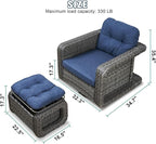 Patio Glider Swivel Rocker Sets: 2piece Patio Furniture Sets, 360° Swivel Rocking Chairs with Ottoman, Rust-Resistant Cushion -Perfect for Backyard/Deck/Porch/Balcony Decors- Gray Wicker,Blue Cushion