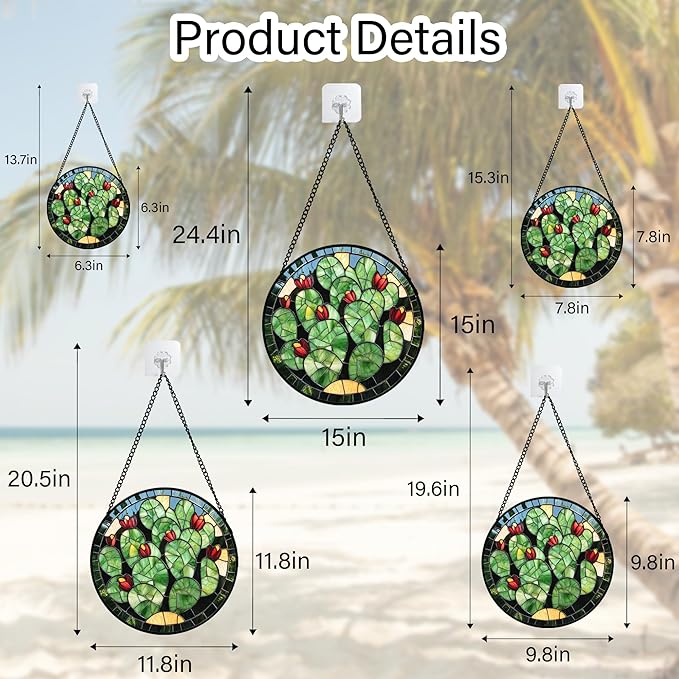 Stained Glass Window Hanging - Green Cactus Suncatcher for Doors Garden Patio Retro Plants Sun Catchers Decor Christmas Mother's Day Birthday Gifts for Women Men Mom Nana Friend 9.8 in