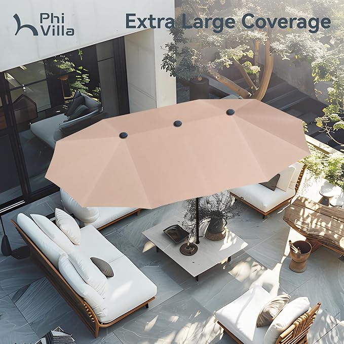 PHI VILLA 13ft Large Patio Umbrella Double-Sided Twin Outdoor Market Umbrella with Crank, Beige