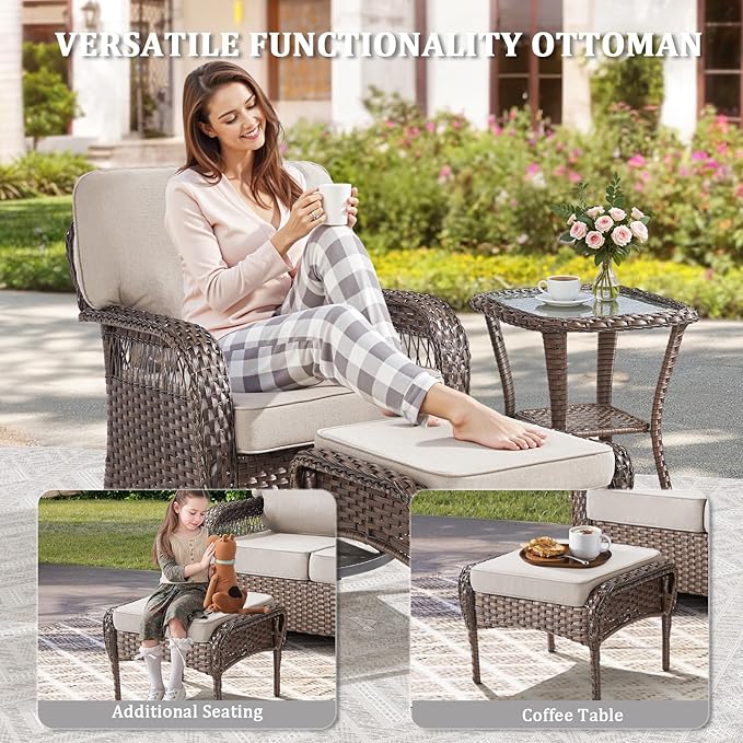 Patio Furniture Sets, 4 Pieces Wicker Outdoor Furniture with Patio Sidetables - 360 Degree Swivel Rocking Chairs and Rattan Side Table for Garden, Porch, Backyard, Beige/Brown Wicker