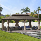 Domi 14'x24' Hardtop Gazebo Canopy,Outdoor Aluminum Gazebo with Galvanized Steel Double Roof,Large Permanent Gazebo Pavilion for Patio Deck Backyard,Curtain and Netting, Dark Brown
