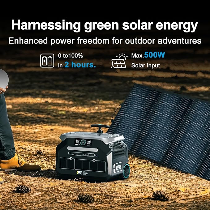 IEE P2400 Solar Generator with 1x500W Solar Panel,2400W AC Outlet(Peak 5000W) Power Station,1800W 1.2H Fast Charge,2048WH Lifepo4 Battery,Below 30DB,5-8MS EPS,Power Generator for Home Backup,RV.