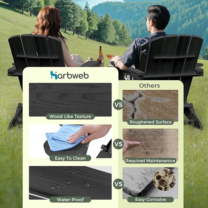 Folding Adirondack Chair Wood Texture 4 Pack, HDPE All-Weather Fire Pit Chairs, Plastic Adirondack Chairs with 2 Cup Holder, Outdoor Lawn Chair for Patio Garden (Black)