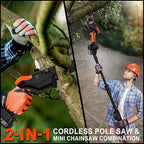 2-IN-1 Cordless Pole Saw & 8" Mini Chainsaw Battery Powered, Electric Pole Saws for Tree Trimming with 2 x 21V Batteries, Handheld Chainsaw & Pole Saw Combination