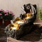 31.5" L Garden Water Fountain Outdoor, Artifical Imitation Wood Outdoor Water Fountain Natural Waterfall with LED Lights for Patio,Porch,Backyard,Home Art Decor（Resin）