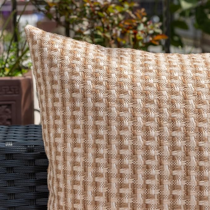 Kevin Textile Outdoor Waterproof Throw Pillow Covers Pack of 2 Weaving Texture Water Resistant Outside Decorative Cushion Covers for Garden Patio Tent Balcony Bench Couch Sofa 16x16 Inch, Light Brown