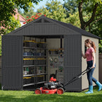 Greesum 8x12 FT Plastic Outdoor Storage Shed with Floor, Resin Sheds with Window and Lockable Door, Weather Resistant Organization for Garden, Patio, Pool Supplies, Beige