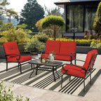 4-Piece Outdoor Metal Furniture Sets Patio Conversation Set Wrought Iron Loveseat, 2 Single Chairs, Coffee Table with Cushion, Lawn Front Porch Garden, Red