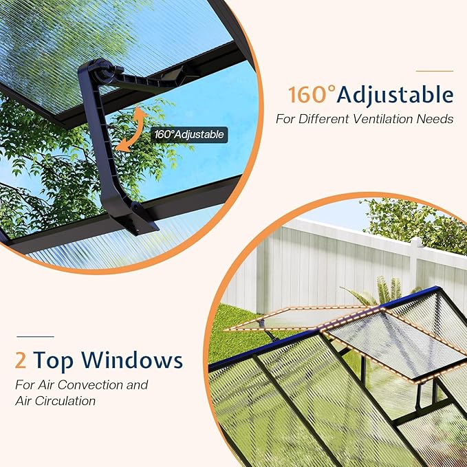 Jocisland 6x8x6.3 FT Polycarbonate Greenhouse for Outdoors with 2 Windows, Dual Swing Doors, Aluminum Walk-in Frame, Heavy Duty Garden Greenhouse for Backyard, Black