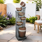 56.6" H 6-Tier Outdoor Water Fountain with LED Lights - Tall Cascading Jars Waterfall Feature with Tribal-Inspired Design for Garden, Patio, Yard, and Home Décor