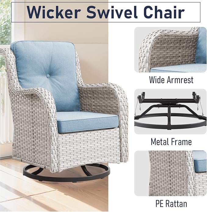 Outdoor Furniture Set: 11 PCS Patio Furniture Set with Outdoor Swivel Rocker Patio Chairs, Light Beige/Light Blue