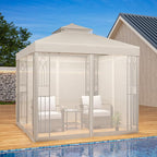 EAGLE PEAK 8x8 Patio Gazebo with Mesh Netting, Double Roof Outdoor Pavilion with Corner Shelves for Lawn, Deck, Garden and Backyard, Beige