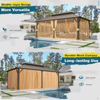 MELLCOM 12'x20' Hardtop Gazebo, Metal Double Roof Aluminum Gazebos with Curtain and Netting,Brown Permanent Galvanized Steel Pavilion for Patio, Lawn & Deck
