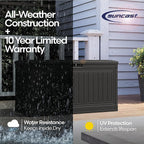 Suncast 80-Gal. Waterproof Resin Large Outdoor Patio Deck Box with Pad-Lockable Lid, Modern Outdoor Patio Bench/Storage Box for Cushions, Garden Tools, and More, Iron Ore