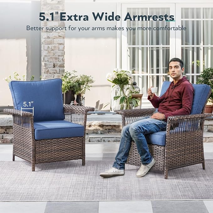 5 Pieces Wicker Patio Furniture Set - Hollow Widen Armrests Outdoor Rattan Chairs with Ottomans and Side Table, Small Patio Convention Set for Balcony Porch Deck and Yard - Brown/Blue