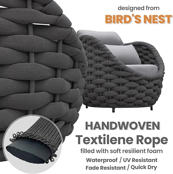 4 PCS Patio Rope Armchair: Aluminum Woven Accent Chair - Cushioned Lounge Chair with Arms - Modern Garden Chair Assembled - All Weather 400lbs Outdoor Seating Porch Furniture Deck Balcony Hotel