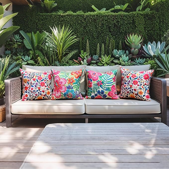 Outdoor Pillow Covers 18x18 Inch Set of 2 Tropical Floral Plants Boho Throw Pillows Cases Waterproof LSquare Garden Cushion Sham for Patio Funiture Tent Balcony Bench Sofa Couch