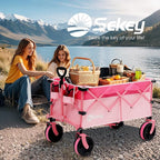 Sekey 220L Collapsible Foldable Wagon with 330lbs Weight Capacity, Heavy Duty Folding Utility Garden Cart with Big All-Terrain Beach Wheels & Drink Holders.Pink