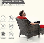 4 Pieces Patio Conversation Set, Wicker Chairs Set of 2 and Two Ottomans with 3.5-inch Seat Cushions, High Back and Curved Armrest for Backyard, Balcony and Deck, Red
