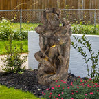 Ferrisland 5-Tiered Tree Trunk Large Water Fountain with LED Lights and Pump, 39.8" Tall Outdoor Freestanding Fountain, Realistic Wood Natural Looking Floor Resin Statue for Garden Patio & Backyard