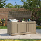 Patiolife 85 Gallon Resin Deck Box, Wood Like Outdoor Storage Box for Garden Tools, Pool Supplies, Waterproof and Lockable, Light Brown