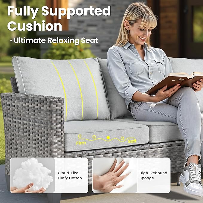 ovios 10 Pieces Patio Furniture Set with Swivel Chairs Rocking Gliders, 54" Fire Pit Table, Outdoor Sofa Couch with Solar Lights Table, Modern Deep Seat Wicker Rattan Conversation Set, Grey