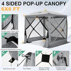 COBIZI 6x6 Pop up Gazebo Tent on Clearance, Ez up Waterproof Screen Tent Screen House with 3 sidewalls,Portable Outdoor Canopy with Carry Bag & Ground Stakes for Camping,Garden and Picnics, Grey