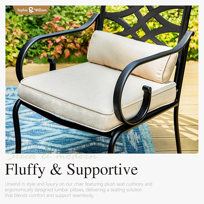 Sophia and William Patio Dining Set for 6, 13ft Patio Umbrella Beige, Removable Seat Cushions, Black 59" Patio Dining Table