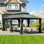 Domi 12' X 20' Hardtop Gazebo Large Outdoor Metal Gazebo with Galvanized Steel Double Roof Canopy, Aluminum Frame, Curtains and Netting for Patio, Deck, Garden, Grey