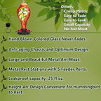 LUJII Hummingbird Feeder for Outdoors, Hand Blown Glass Humming Bird Feeder, Anti Fade Leakproof with 25 Ounces Nectar Capacity, Easy to Install Clean Refill, Include Hook & Ant Moat (Red)