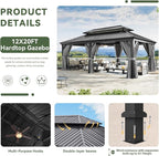 Aoxun 12' X 20' Hardtop Gazebo with Drainage System, Aluminum Outdoor Gazebo with Galvanized Steel Double Roof, Patio Permanent Metal Pavilion with Netting, for Garden, Deck, Grey, Square Foundation
