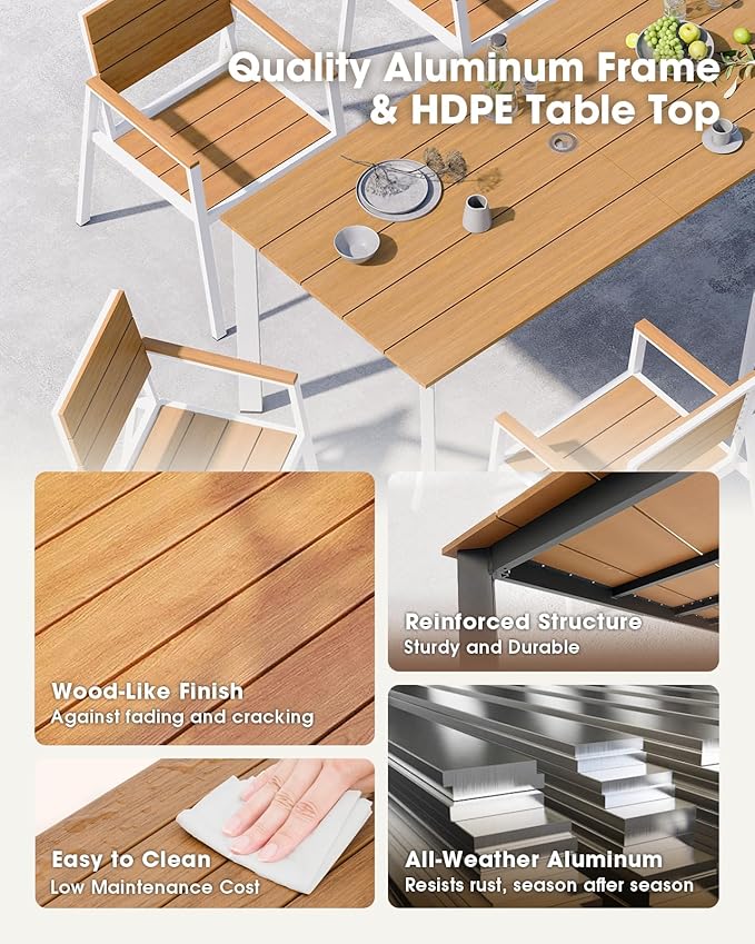 Outdoor Patio Dining Set for 6, Aluminum 7 Piece HDPE Patio Table and Chairs Set with Umbrella Hole, Modern Rectangular Patio Furniture Set with All-Weather Table & 6 Chairs (White & Teak)