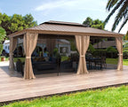 MELLCOM 14'x20' Gazebo, Galvanized Steel Double Roof with Wood Grain Aluminum Frame, Outdoor Permanent Metal Pavilion with Curtains and Nettings for Patio, Backyard and Deck