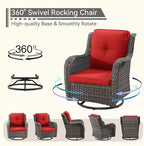 5 Pieces Outdoor Patio Furniture Set - Conversation Set Includes Wicker Swivel Rocker Chairs Set of 2, 2 Ottoman, 3 Seat Sofa, Suitable for Porch, Yard, Mixed Brown Rattan, Red