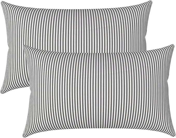 LVTXIII 12×20 Inch Outdoor Lumbar Pillows, Pack of 2 Water Repellent Lumbar Pillow with Inserts, Fluffy Decorative Garden Lumbar Cushions for Home Patio Coach Sofa Use, Topanga Stripe Grey