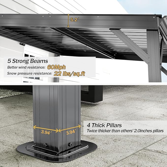 Domi 10'x12' Wall Mounted Hardtop Gazebo, Connectable Lean to Pergola with Gutters & Galvanized Steel Roof, 60MPH Wind Resistance, Outdoor Heavy Duty Metal Awning for Patio, Deck, Backyard - Grey