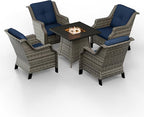 3-Piece Wicker Patio Furniture Set, 2 Armchairs and 1 Fire Pit, Conversation Set with Cushions, Blue