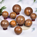 JIC Gem Natural Crystal Sphere Ball with Wooden Stand for Fengshui Golden Jade Healing Crystal Ball Decoation Meditation Energy Reiki Ball (110-120mm)
