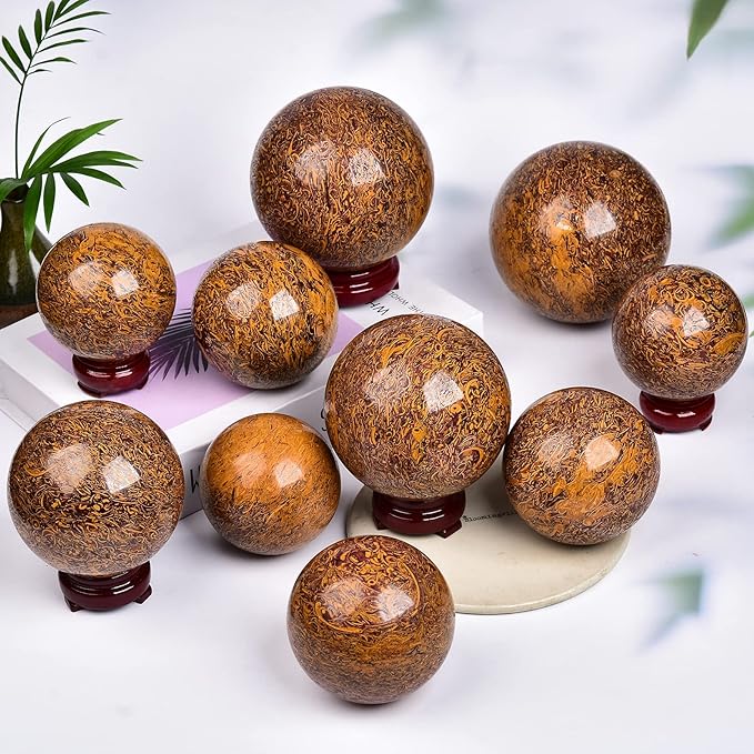JIC Gem Real Natural Gemstone Sphere Jade Crystal Ball Mineral Quartz Stone with Decorative Stand Home Decoration (60-70mm)