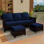 Vista Vibe 3 Pieces Outdoor Patio Conversation Furniture Set - 78" 3-seat Sofa | 2 Wicker Ottomans, Deep Seat Loveseat with Removable Cushions, Hand-Woven PE Rattan Couch, Lawn (Brown/Navy)
