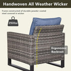 Wicker Outdoor Patio Furniture Set - 5 Piece Patio Conversation Set with 2 Wicker Armrest Chairs,2 Rattan Ottoman and 1 Metal Side Table for Outside Porch Deck Backyard Garden(Mixed Grey/Blue)