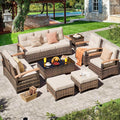 MEISSALIVVE 8 Pieces Patio Furniture Sets, PE Wicker Outdoor Conversation Sets with 2 Wood Armrests Swivel Rocker Chairs, 2 Ottomans, 2 Sofas and Coffee Table(Brown)