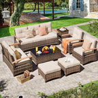 MEISSALIVVE 8 Pieces Patio Furniture Sets, PE Wicker Outdoor Conversation Sets with 2 Wood Armrests Swivel Rocker Chairs, 2 Ottomans, 2 Sofas and Coffee Table(Brown)