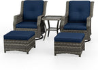 5 Piece Patio Furniture Wicker Conversation Set, 2 Swivel Chairs, 2 Ottomans with 1 Side Table, for Outdoors, Backyard, Deck, Navy