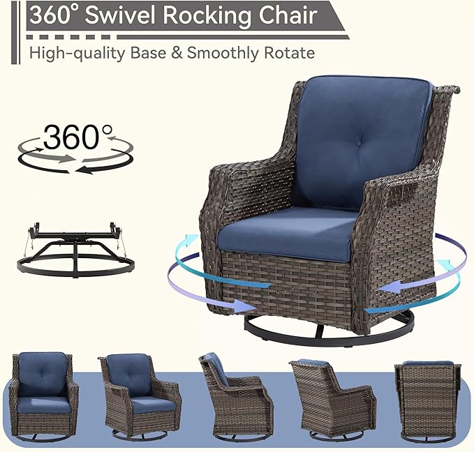 5-Piece Patio Furniture Set Includes 4 Swivel Rocker Chair and 1 Fire Pit, Wicker Conversation Set with Cushion Blue