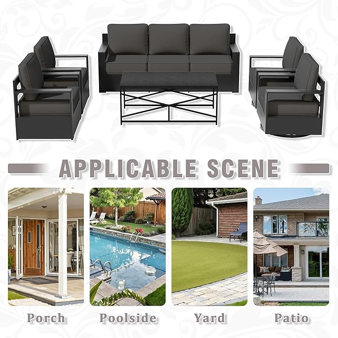 6 PCS Aluminum Patio Conversation Set - 3-Seater Sofa, 2 Swivel Chair, 2 Fixed Chair, 1 Metal Table with 6" Thick Water-insistant Cushions, All-Weather Use Removable Cover (Grey)