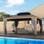 HAPPATIO 12' x 16' Hardtop Gazebo, Outdoor Wood Grain Frame Aluminum Gazebo, Double Roof Permanent Patio Canopy with Netting and Curtains for Garden, Patio, Lawns, Parties (Grey)