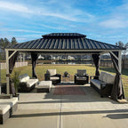 PURPLE LEAF 12' X 16' Hardtop Gazebo, White Aluminum Frame Gazebo with Double Roof, Curtain and Netting for Patio, Garden and Backyard